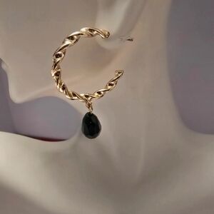 Gold Twisted Hoop Earring with Black Gemstone